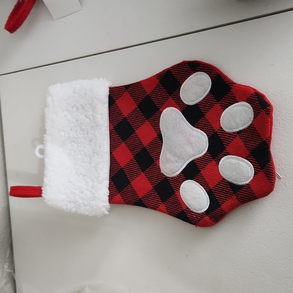 Christmas Stocking Plaid Faux Fur New Pet Paw Print Holiday Dog Red Black White - Picture 1 of 5